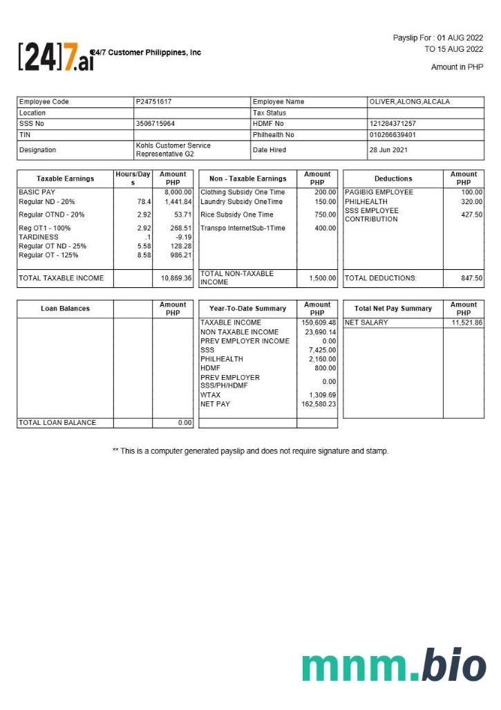Szablon payslip klienta 24-7 w formatach Word i PDF